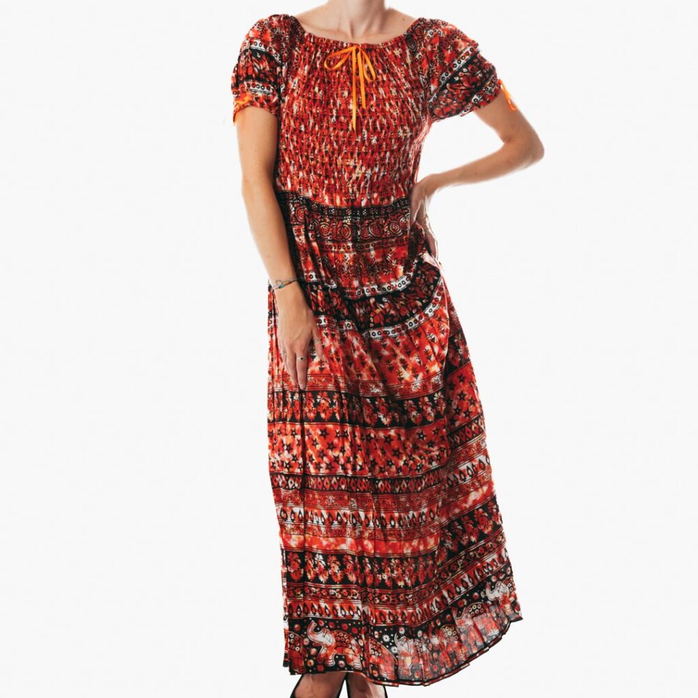 Orange peasant maxi dress short sleeve off shoulder boho summer floral tie dye